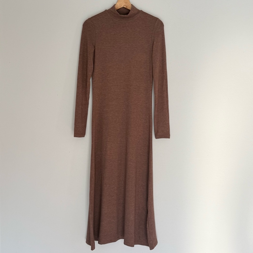 Zara Cocoa Brown Mock Neck Long Sleeve Midi Dress Lightweight Spring Neutral